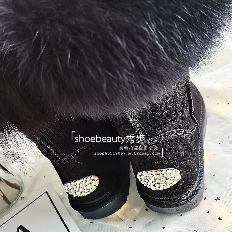 JELLYFOND Luxury Rhinestones Germ Snow Boots Women Genuine Leather Mid-Calf Boots Warm Wool Ladies Winter Fur Shoes Handmade