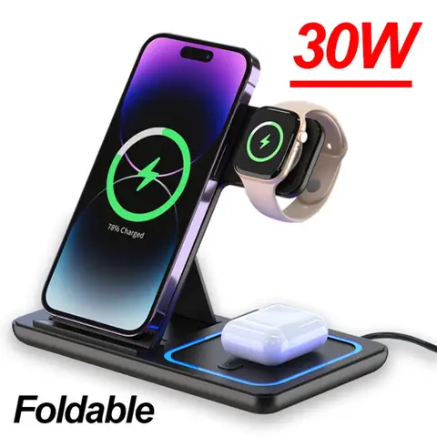 3-in-1 30 W faltbare kabellose Ladestation für iPhone 16 15 14 13 12 Pro Max iWatch Ultra Airpods Pro Schnellladestation Dock