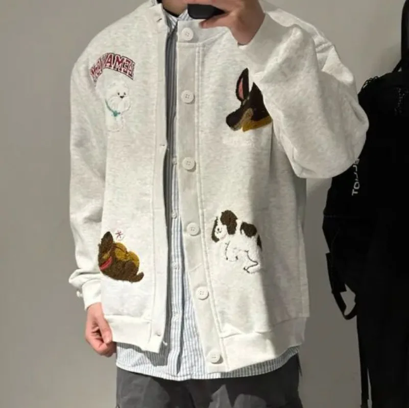 

American Unisex Casual Cardigan Sweatshirts Cartoon Dog Towel Embroidered Coats Men Spring Niche Lazy Style Loose Couple Jacket