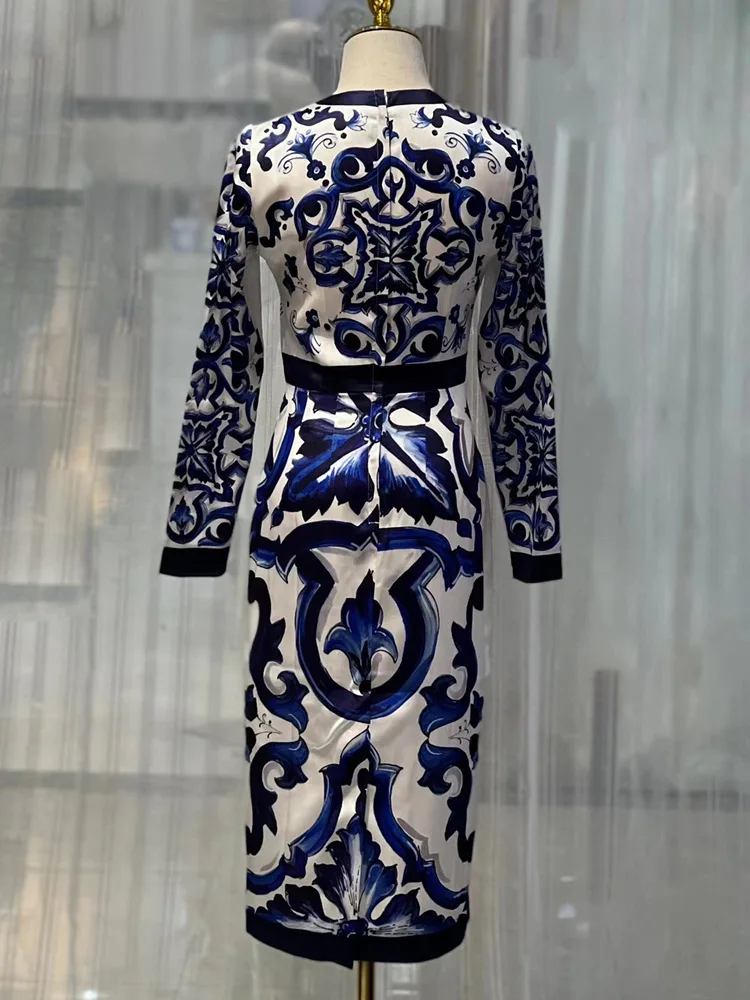 Luxury Designer Inspired High Quality Women Long Sleeve 100% Silk Blue And White Porcelain Print Midi Dress