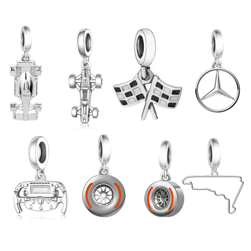 Corrida entusiasta Berloque Bead para fazer o carro, se encaixe Original Pan Encantos Pulseira, 925 Sterling Silver, F1 Race Car Steering Wheel