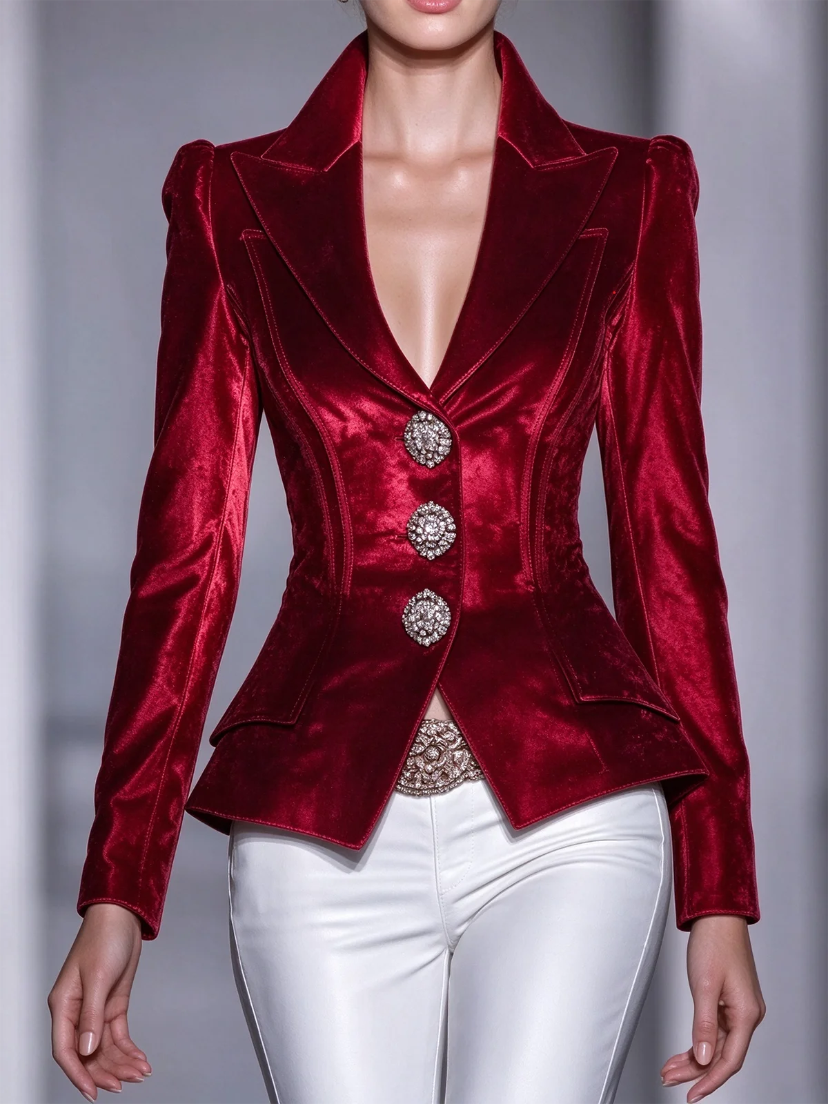 Women Velvet Elegant Blazer Jacket Notched Lapel Rhinestone Buttons Long Sleeves Slim Fit Vintage Party Formal Outerwear Coat