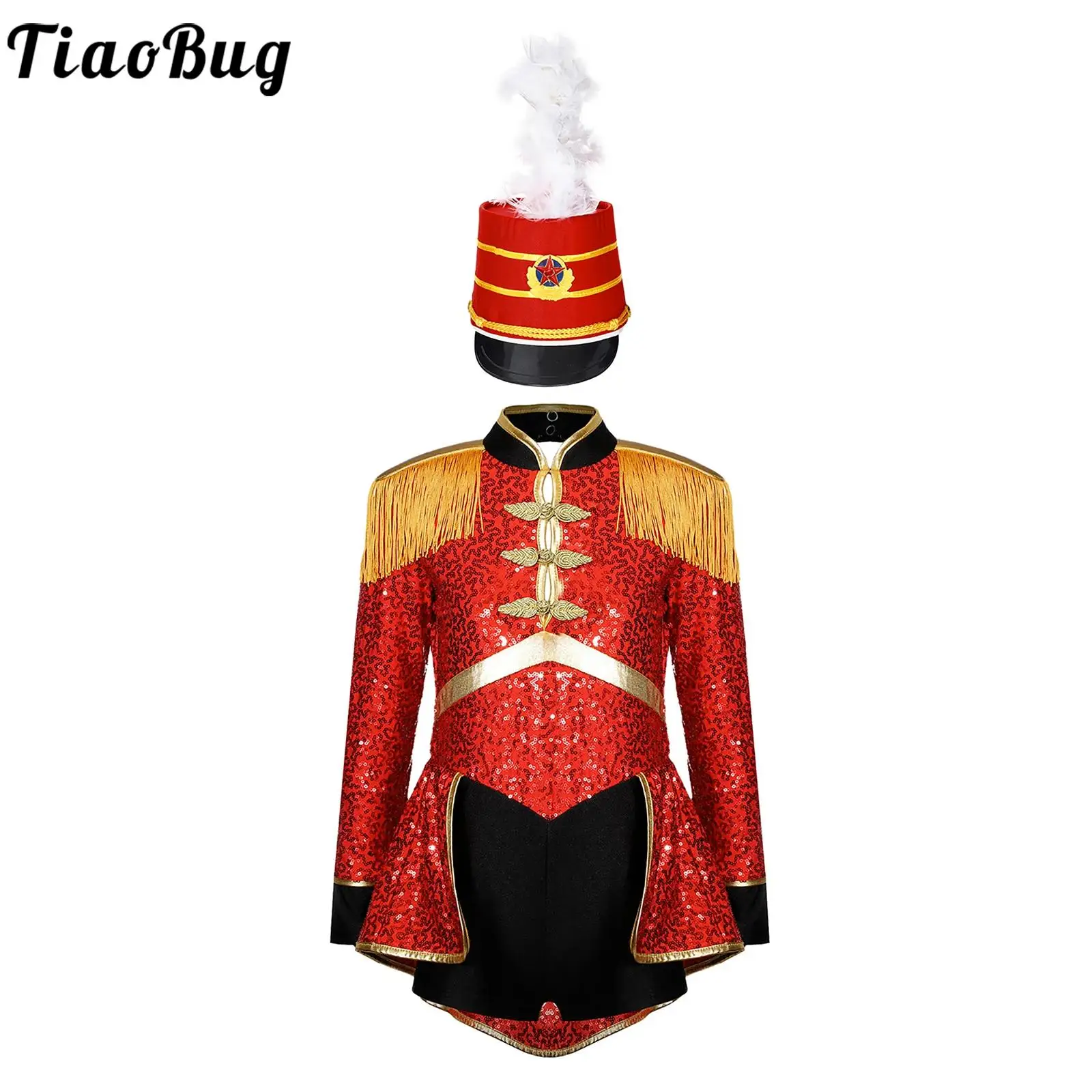 Sparkly Sequines Girls Circus Drummer Magician Costume Kids Ring Master Jumpsuit Uniform Halloween Outfit Marching Band Suit