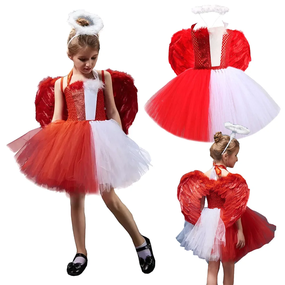 Vestido de Cosplay de Ángel para niñas, tutú, tocado, falda, trajes de fantasía para niños, traje de fiesta de Carnaval de Halloween