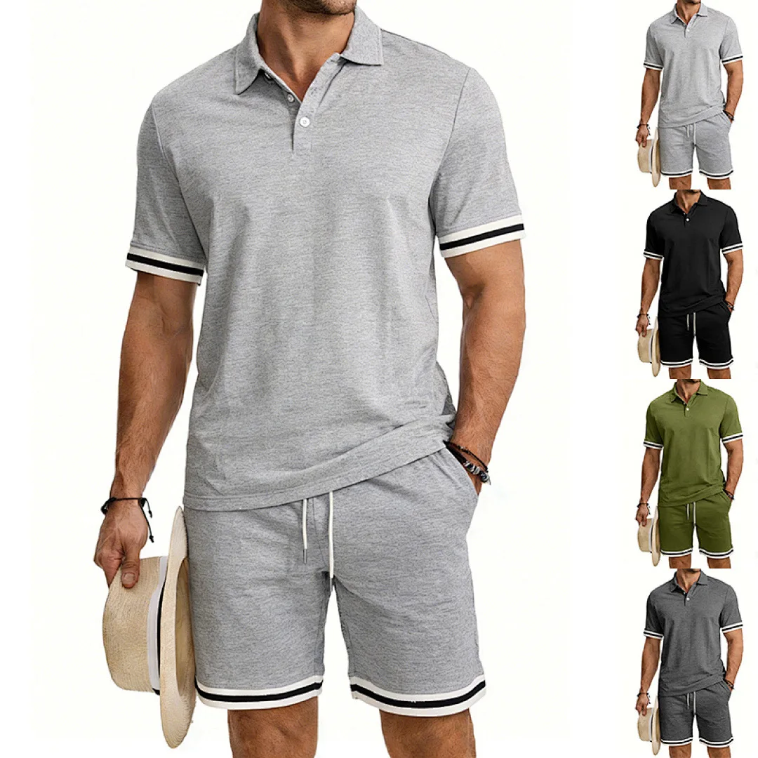 

2026 Cross-border hot-selling new American summer loose men's casual polo contrasting color POLO shirt short-sleeved shorts set