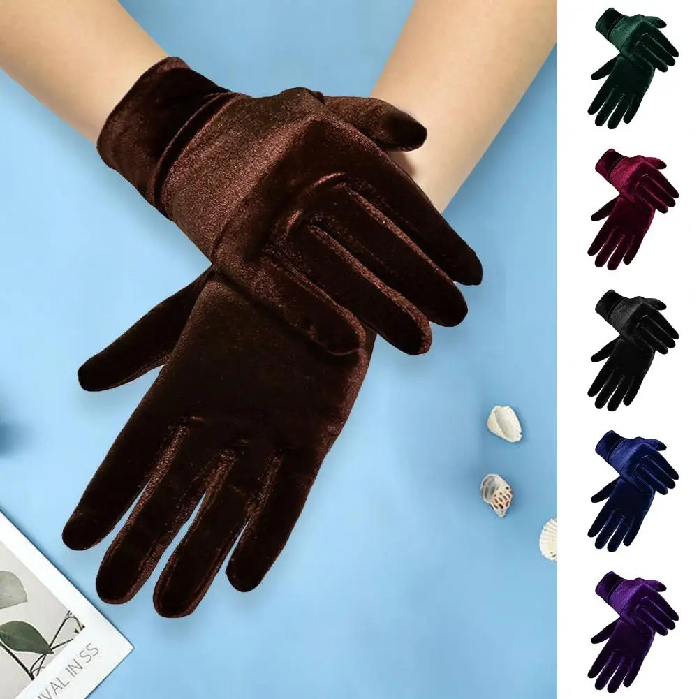 1 Pair Women Fall Winter Gloves Velvet Five Fingers Solid Color Gloves for Women Non-slip Design Jewelry Shop Sales Gloves