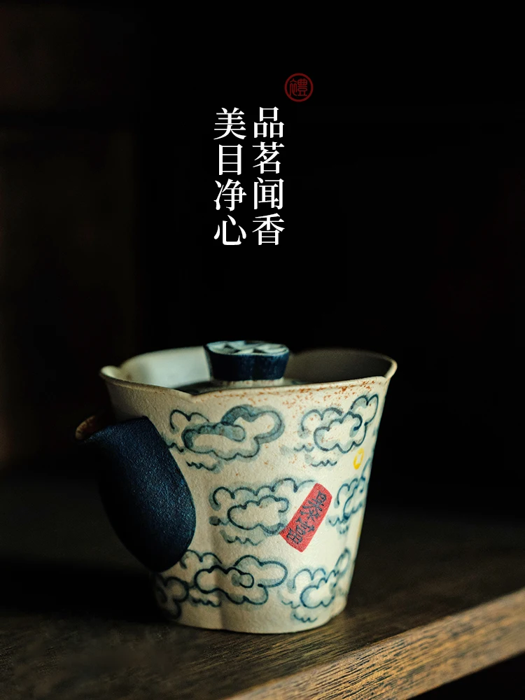 Blue and White Fire Stone Red Pot Household Pure Hand Drawing Xiangyun Cover Teacup High-End Large Anti-Scald Bowl with Lid