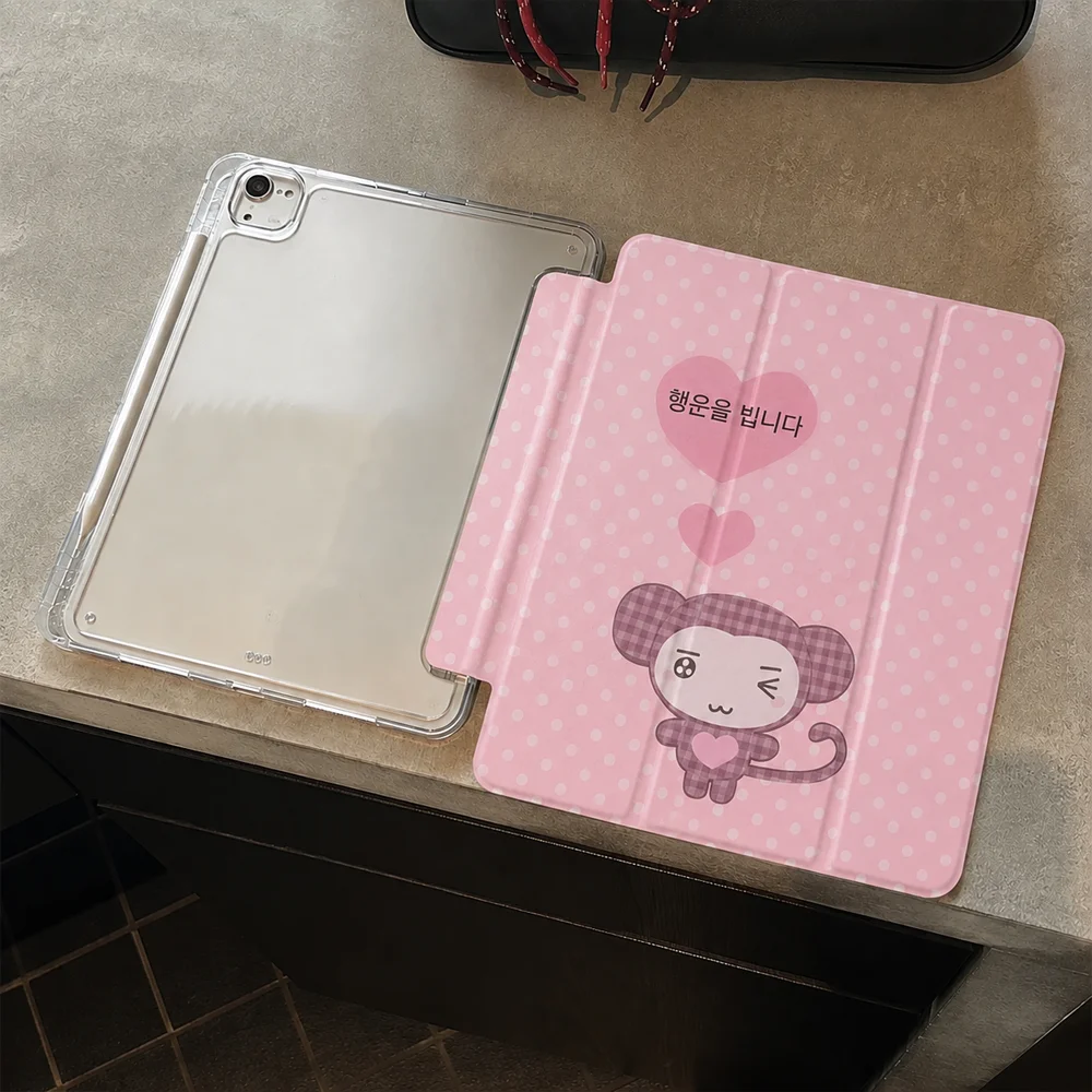 Korean Kawaii Love Wave Dot Pink MonkFor iPad 11th A16 10 9 8 7 5 Pro 13 11 M5 M4 M3 M2 12.9'' Air  4 3 2 1 Mini 7 6 Cover