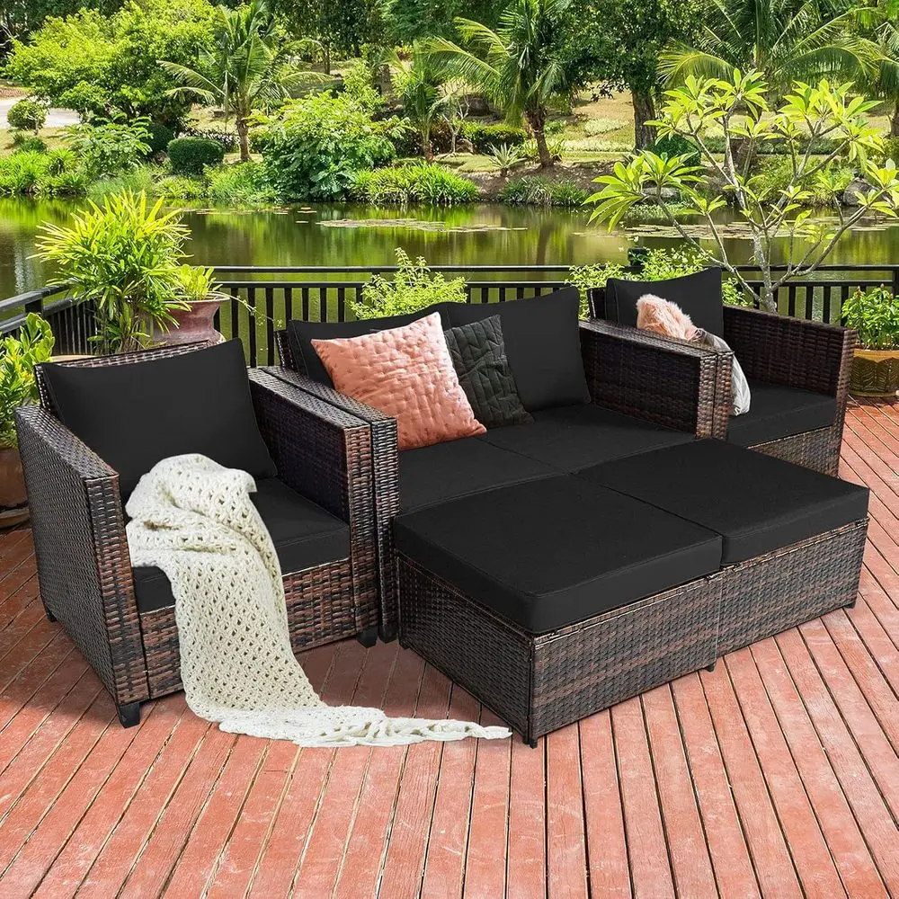 

Black Outdoor Wicker Patio Furniture Set: Loveseat, 2 Chairs, 2 Ottomans with Cushions for Garden or Poolside