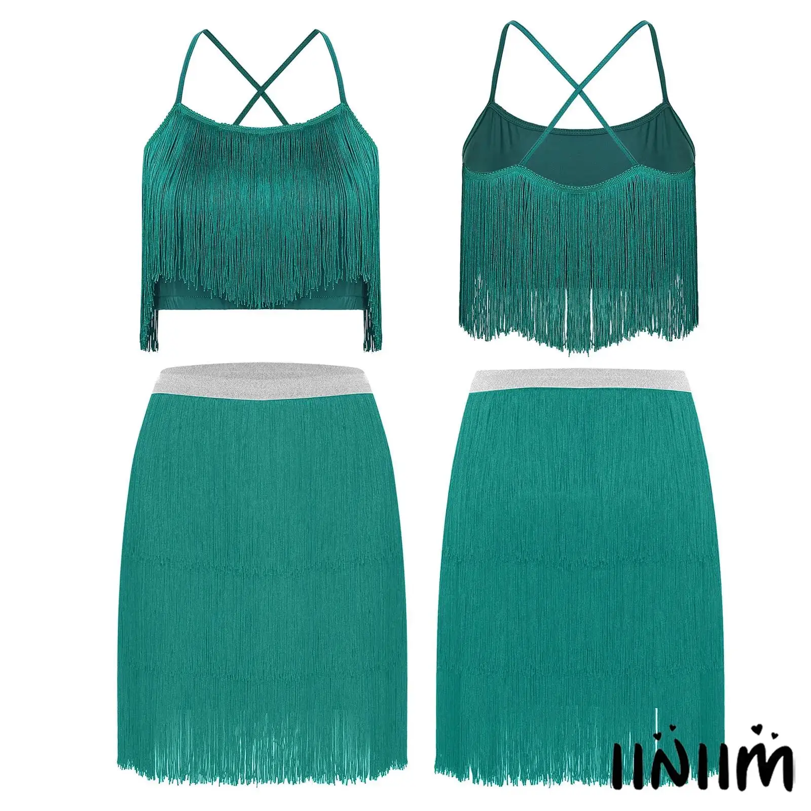 

Womens Latin Cha-Cha Dance Outfit Sleeveless Spaghetti Straps Cross Back Fringe Crop Top and Skirt Tango Spanish Themed Events