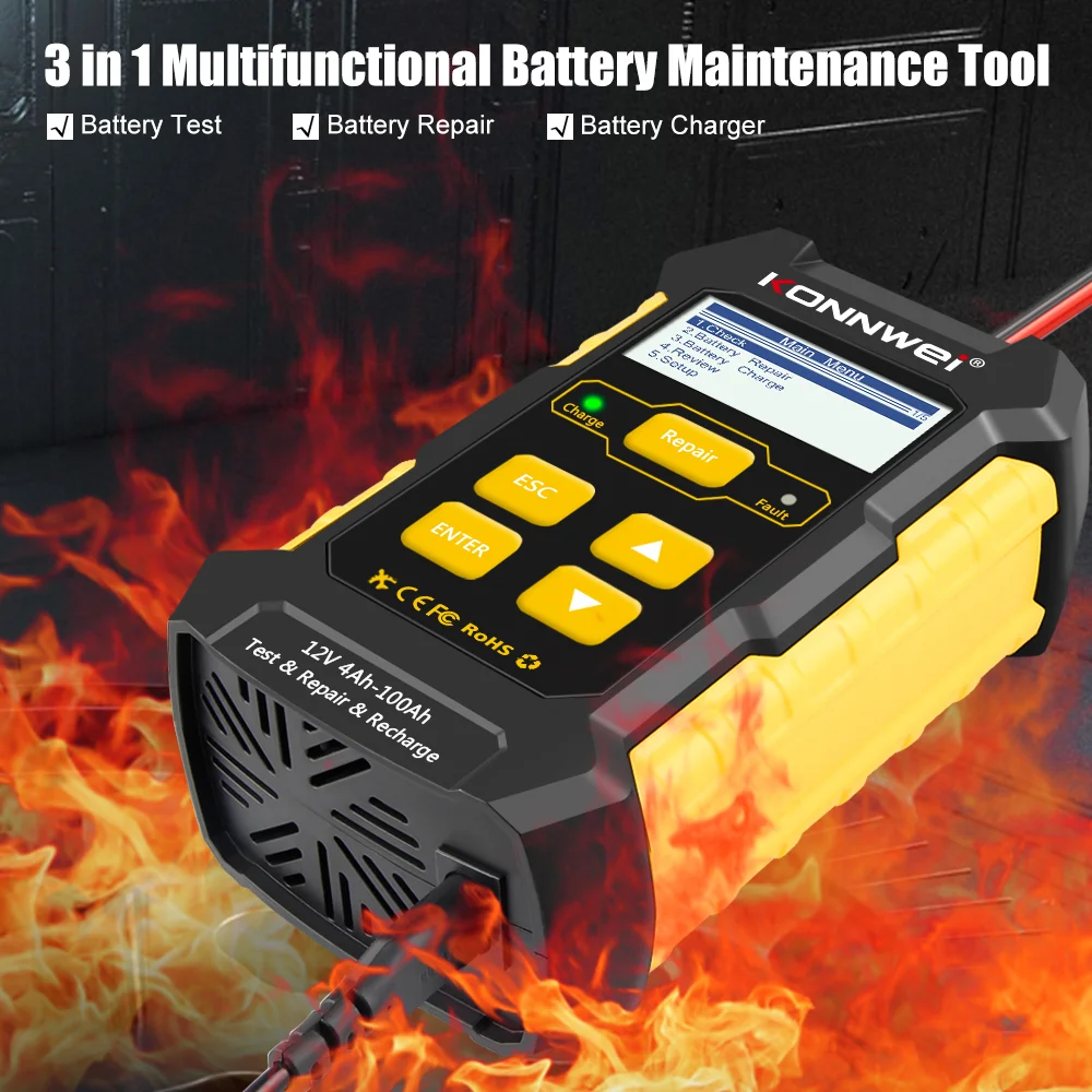 KONNWEI KW510 Car Battery Tester Tools Full Auto 12V Car Battery Repair Tool Load Cranking Battery Charger Detect Tool PK BM550