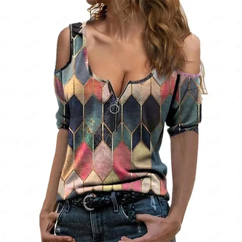 Casual comfortable  Vintage Vest Tops Women's Summer Sleeveless Fashion Blouse Geometric Print  Zip image 2