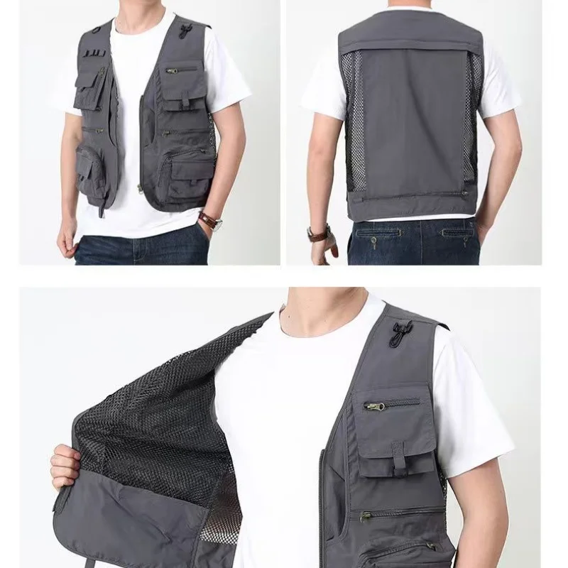 

Летний мужской повседневный жилет, однотонный сетчатый жилет с несколькими карманами в стиле пэчворк, дышащий жилет без рукавов для кемпинга, рыбалки, фотографии, топ