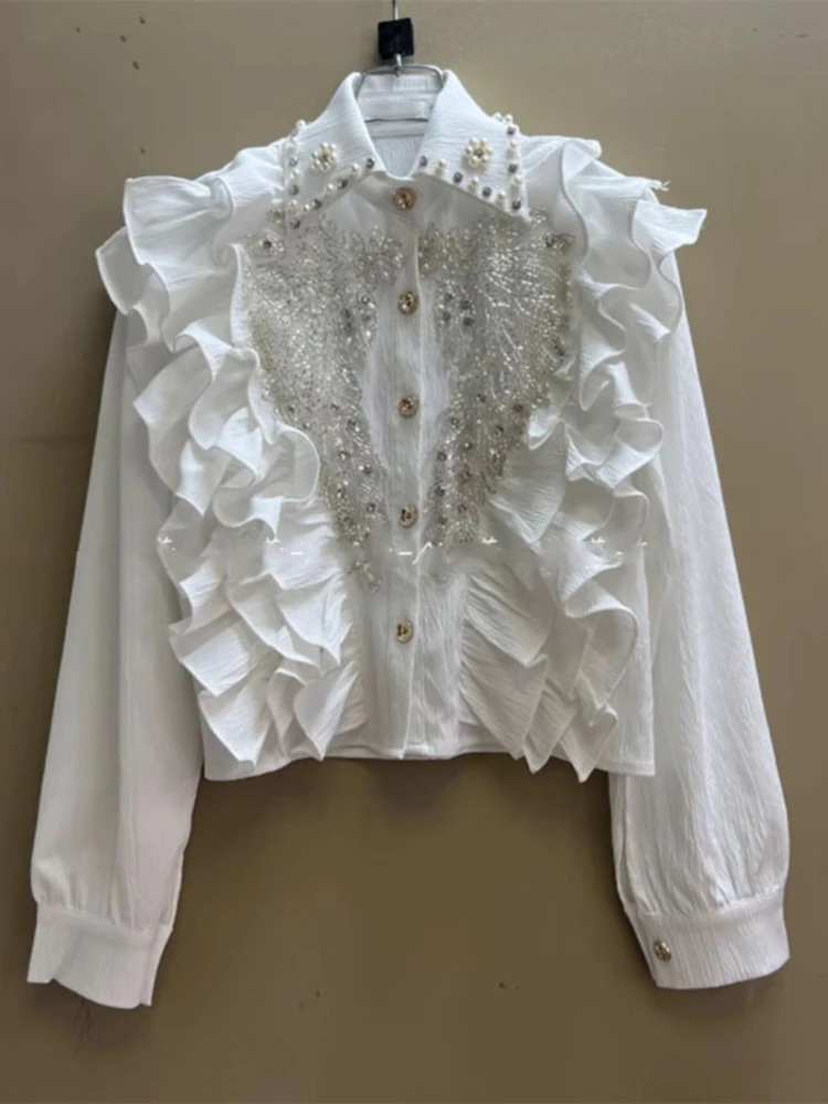 2024 Women Clothing Korean Shirts Turn Down Collar Pearl Temperament Blouses Camisas De Mujer Single Breasted Ruffled Crop Tops