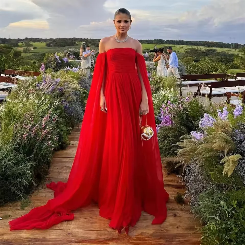 

Customized Chiffon Prom Dresses2025 Strapless Long Sleeved Elegant Women's Wedding Party Dress Backless Formal Evening Gowns
