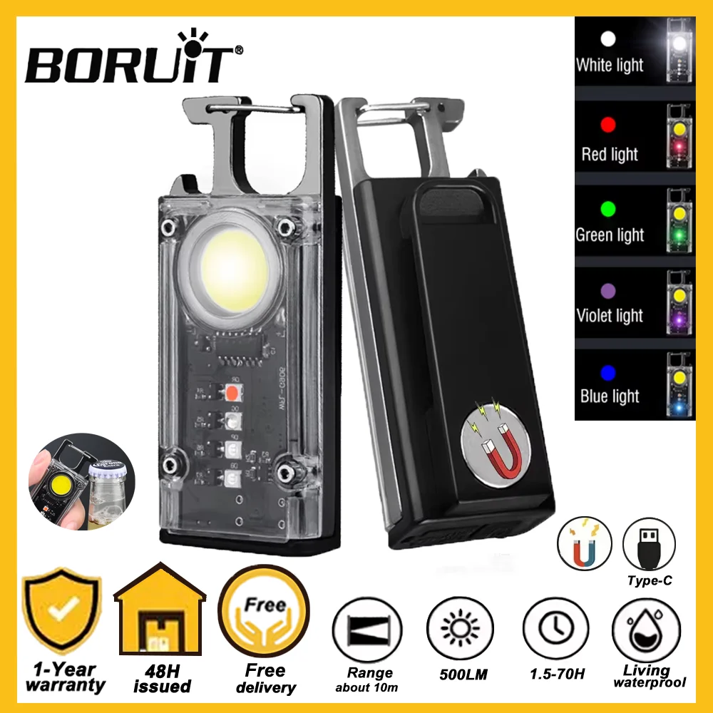 BORUiT Protable Mini Keychain COB Flashlights Small Powerful USB-C Rechargeable Torch Camping Fishing Work Lamp Red Bule Light