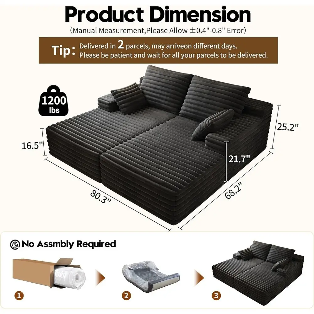 80” Oversized Double Lounge Chaise,Cloud Plush Soa Bed,Upholstered BonelCloud Soa Deep Seat,No Assembly Required,ern Corduroy Sl