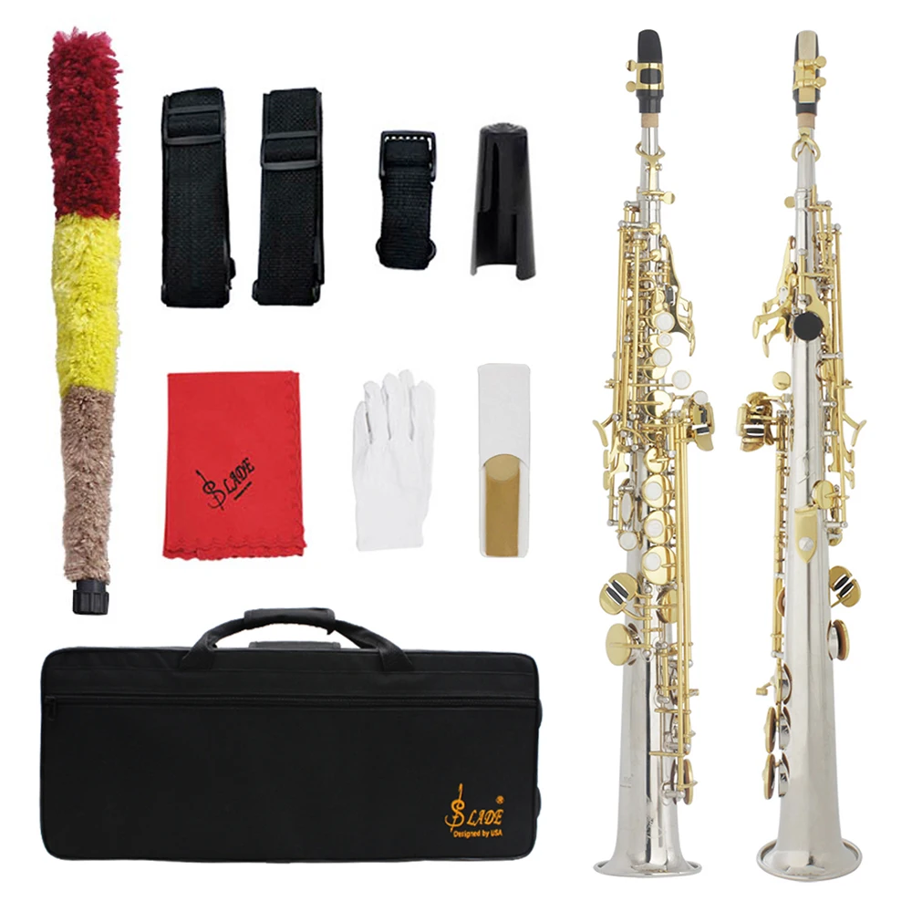 SLADE Soprano Saxophone Brass Body Silver Gold Key Bb Straight Sax Woowind Instrument Saxfone with Case Reeds Parts Accessories