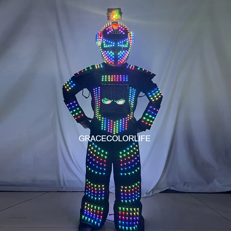 بدلة روبوت LED كاملة الألوان يتم التحكم فيها من التطبيق، زي مضيئة لحفلات الهالوين وحفلات الهذيان وأداء المسرح DJ للرقص والكوسبلاي