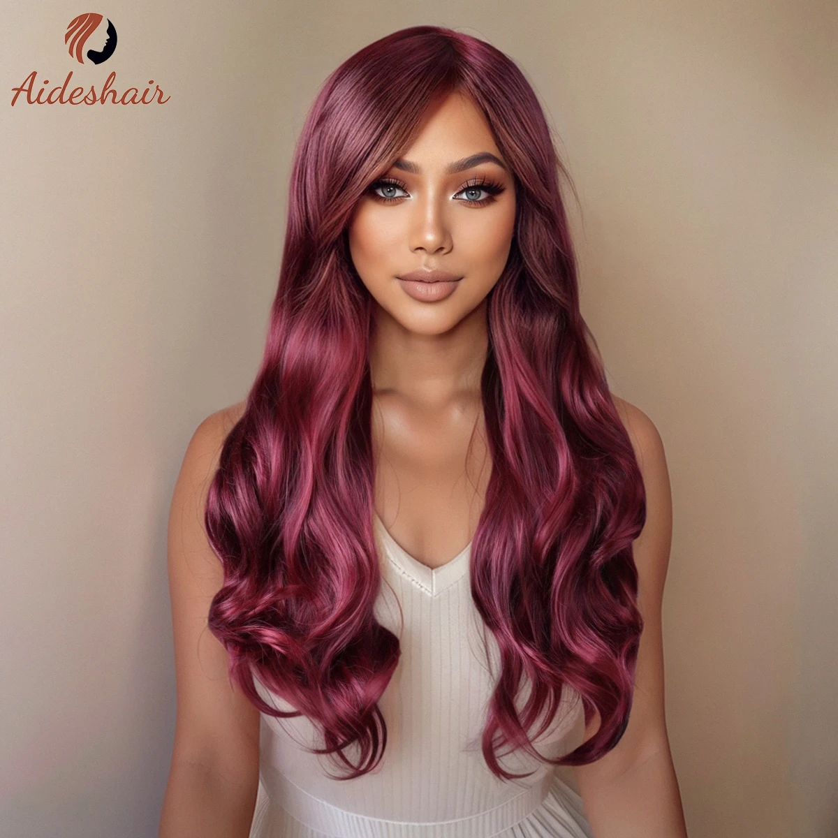 Coffee brown diagonal fringe wig Large wave curly wig for women heat resistant fiber synthetic wig for daily Cosplay