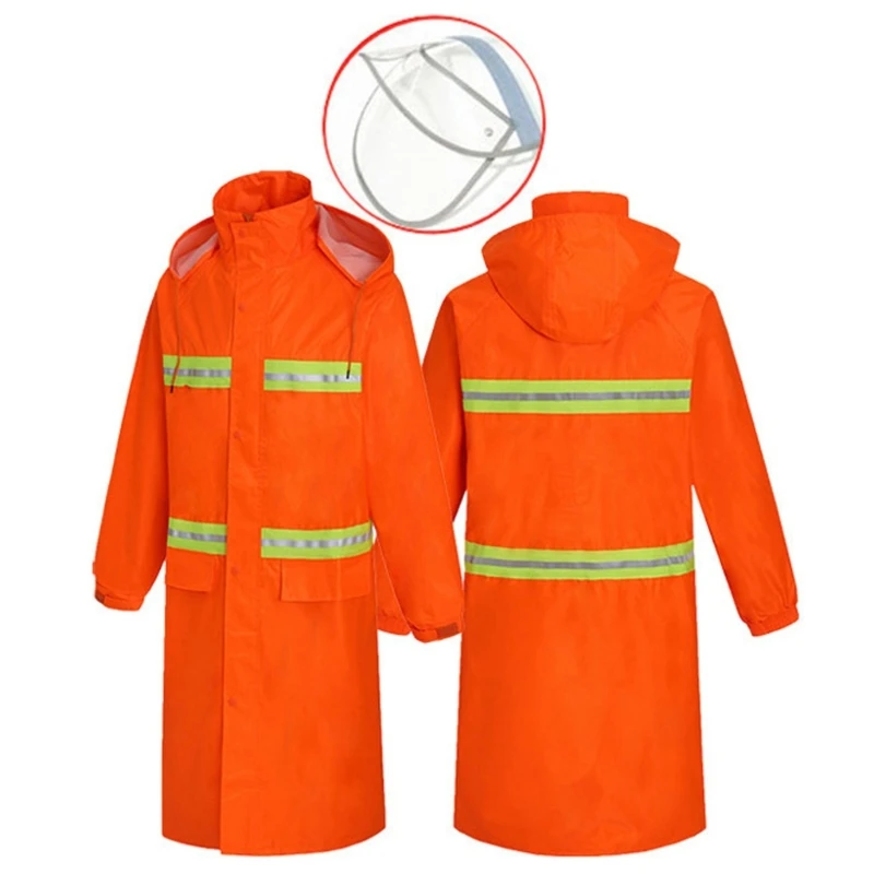 Long Length Waterproof Fluorescent Work Coat High Visibility Workwears Safety Concealed Hood Flashing Hooded Rain