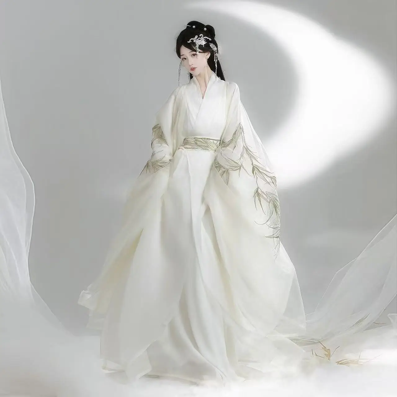 

White Embroidered Hanfu Women's Traditional Chinese Clothing Cross Collar Wide sleeve Long Robe Carnival Event Cosplay Outfits