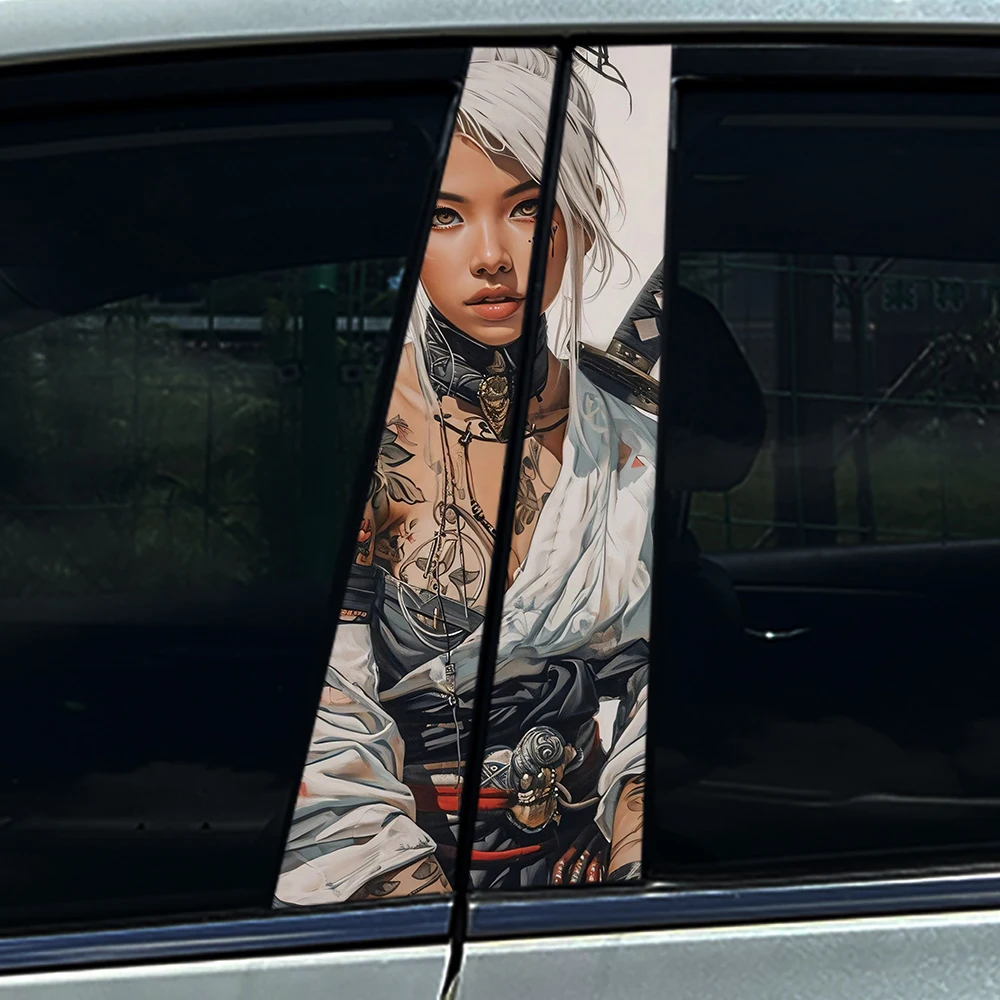 

2PCS White Hair Samurai Girl Car B Pillar Sticker, Waterproof Vinyl Decal, Tattoo Female Warrior Window Decor