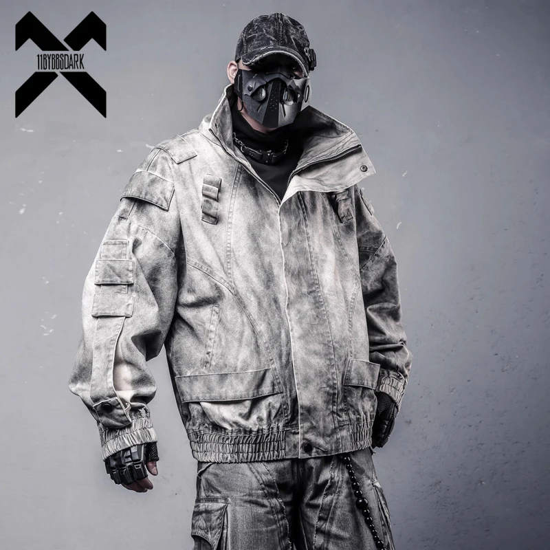 Vintage Dirty Wash Jacket Men‘s Wasteland Techwear Oversized Coat with Stand Collar Grunge Y2K Streetwear Punk Gothic Jackets