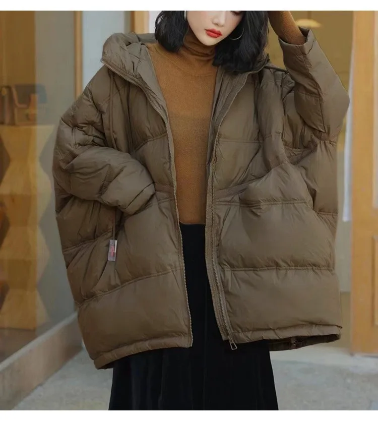 2025 New Winter Women 90% White Duck Down Jacket Casual Loose Over Size Warm Parka Female Drawstring Hooded Puffer Coat