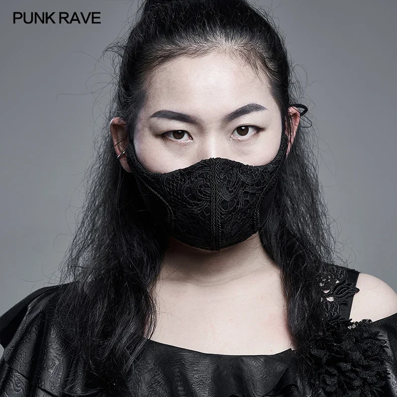 PUNK RAVE Women Men Gothic Embroidered Lace Mask Dark Grain Embossed Woven Party Club Accessories Mesh Air Permeability Masks