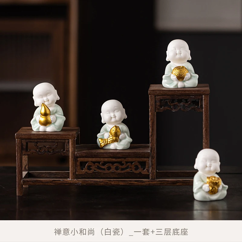 Zen-Inspired Purple Clay Four Creative Pet Ornaments, Exquisite And Cute Little Novice Monks For Tea Table Deco