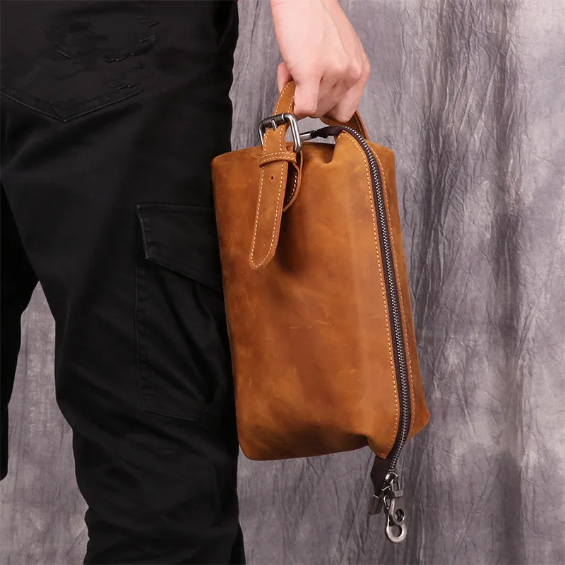 Vintage Genuine Leather Makeup Bag Large Capacity Storage Bag for Men Cowhide Handbag Retro Style Soft Handle Casual Leisure