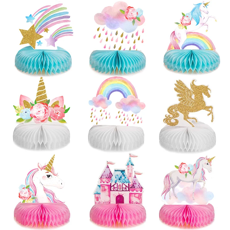 9pcs Rainbow Unicorn Honeycomb Balls Party Table Decorations Paper Fan Set Birthday Party Baby Shower Decor Desktop Supplies
