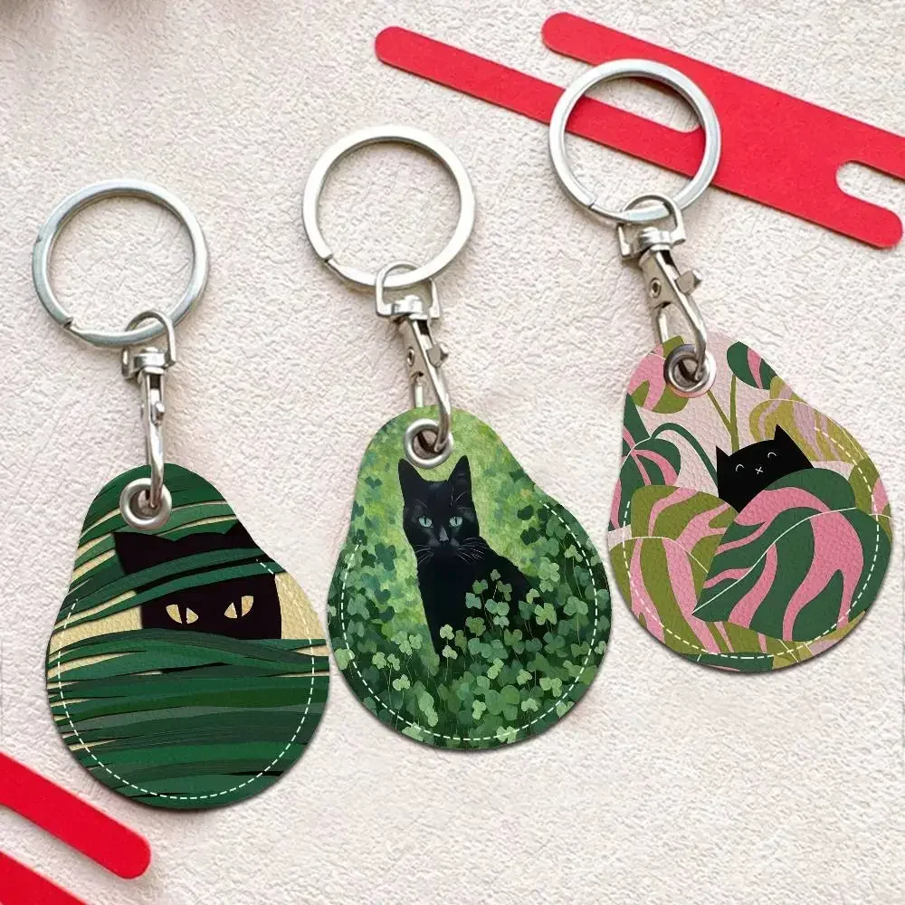Abstract Green Plants Black Cat Keyring Leather Access Card Keychain Community Water Drop Proximity Card Protective Case