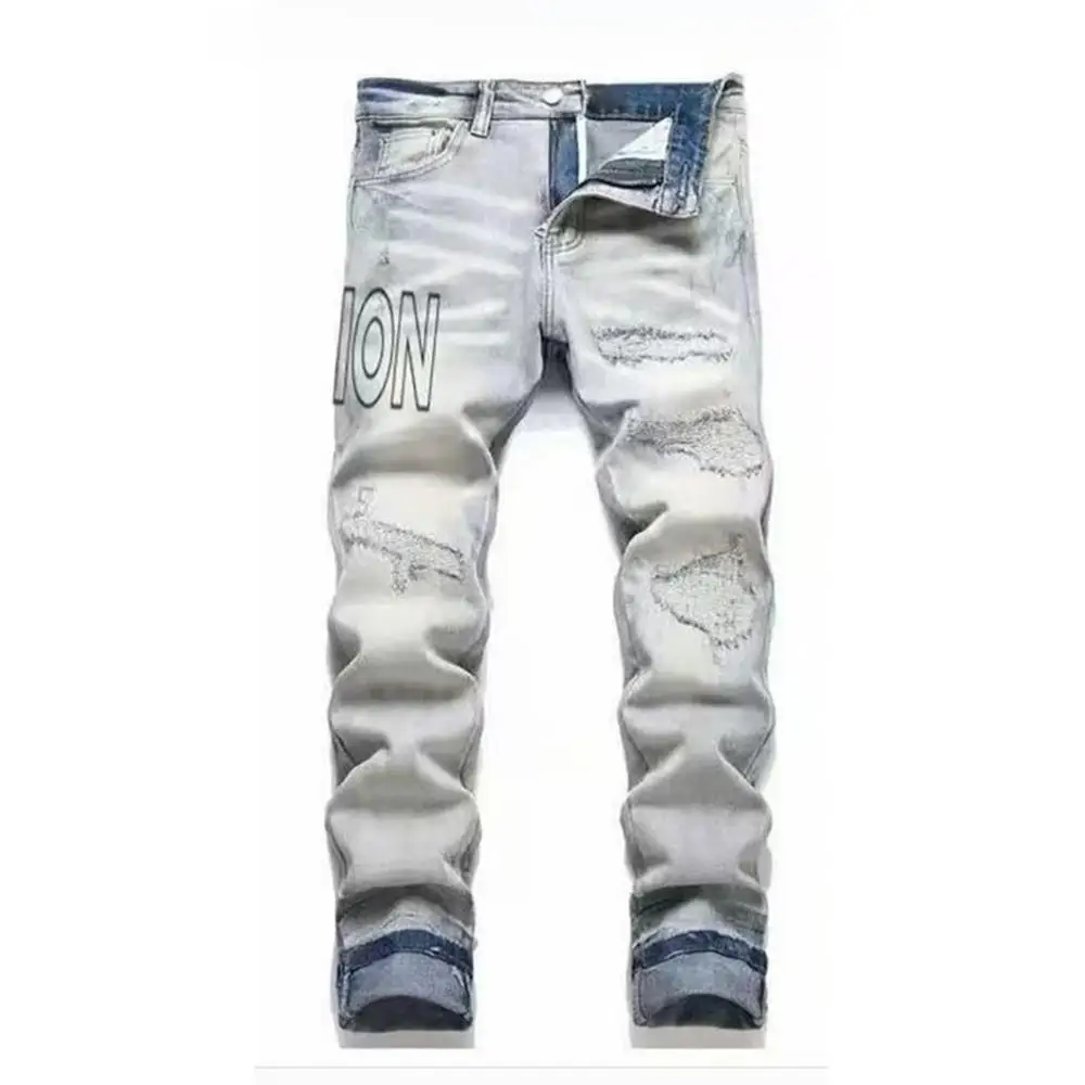 

European and American men's jeans trendy brand high street letter print patch straight-leg jeans