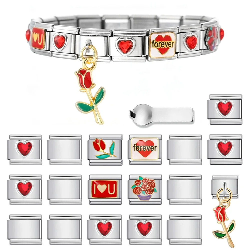 Colorful Flower Love Heart Tool Combination Set 9mm Italian Stainless Steel Bracelets DIY Trendy Charm Jewelry  19pcs Pack Gifts