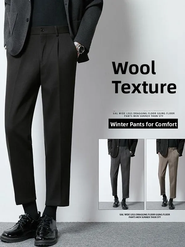 

Men's Casual Wool Pants Loose Fit Pure Color Autumn Faion Busin Sle Straight Leg Cotton Blend Nine-Tenths Length