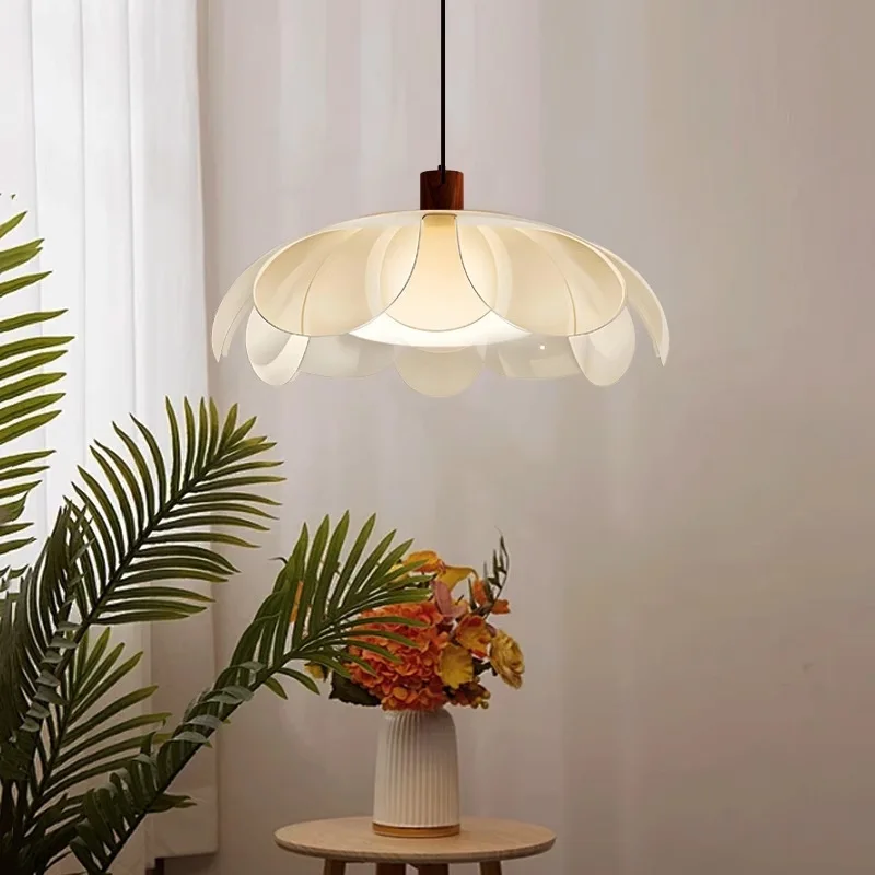 Mid-century Floral Pendant Lamp 3 Tone Light Acrylic Shade Wood Ceiling Light Fixture For Dining Table Kitchen Home Decor