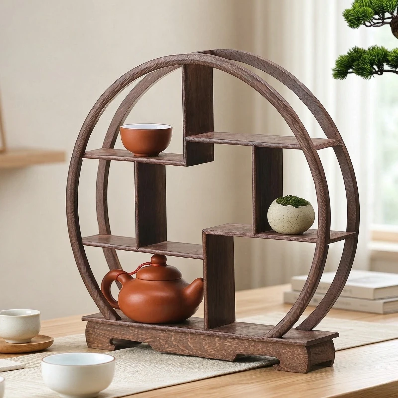 Wooden Tea Cup Organizer Rack, Chinese Style Desktop Display Shelf for Teaware Storage and Home Decoration