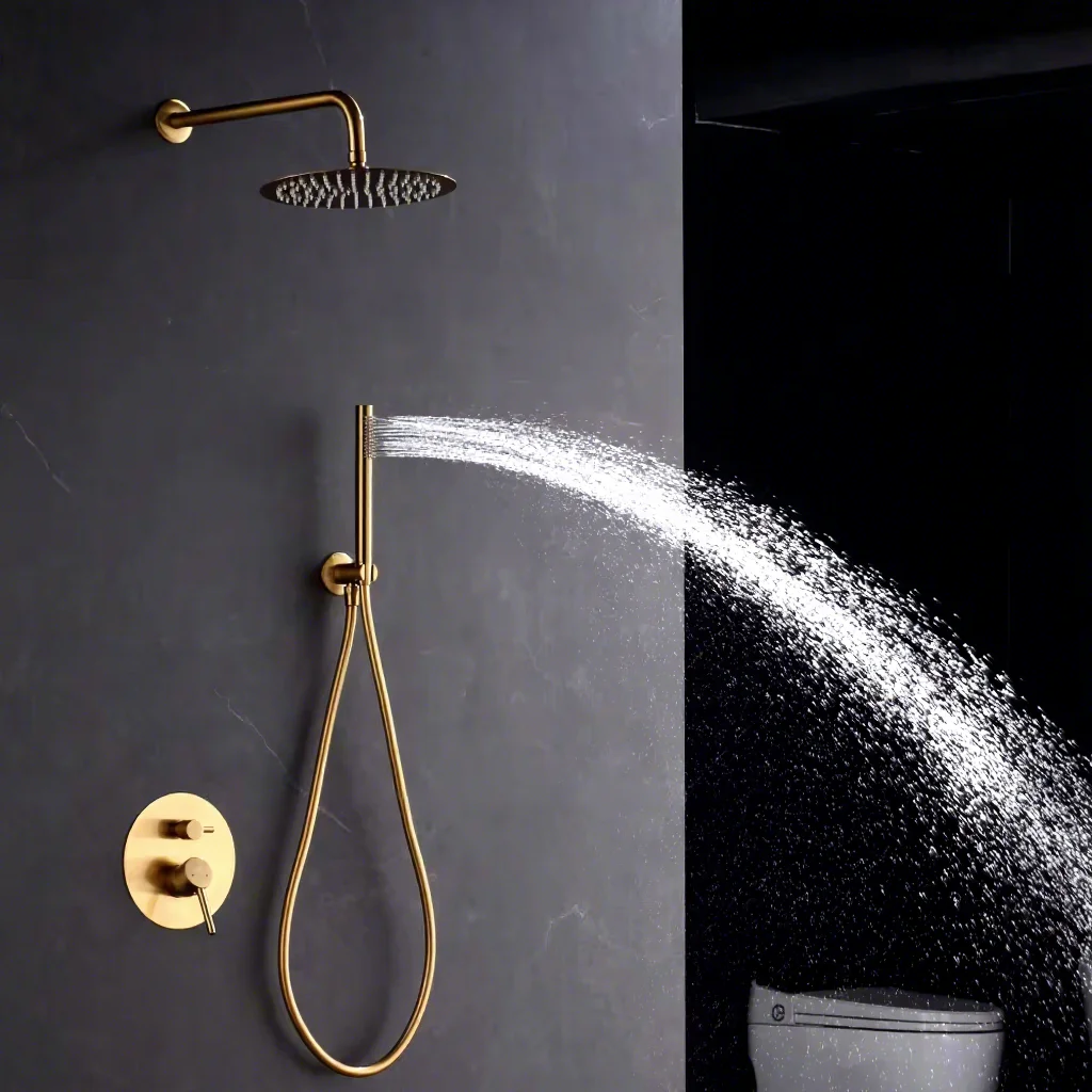 Luxury Brushed Gold Round Shower Faucet Set High Pressure Rainfall Bathroom Thermostatic Shower System Rainfall Shower Head