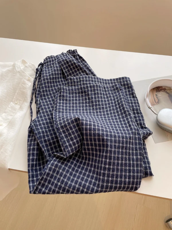 

High-End Island Bubble Cotton Blue Plaid Pants Women's Autumn Loose Wide Leg Casual Pants Drawstring High Waist Korean Style