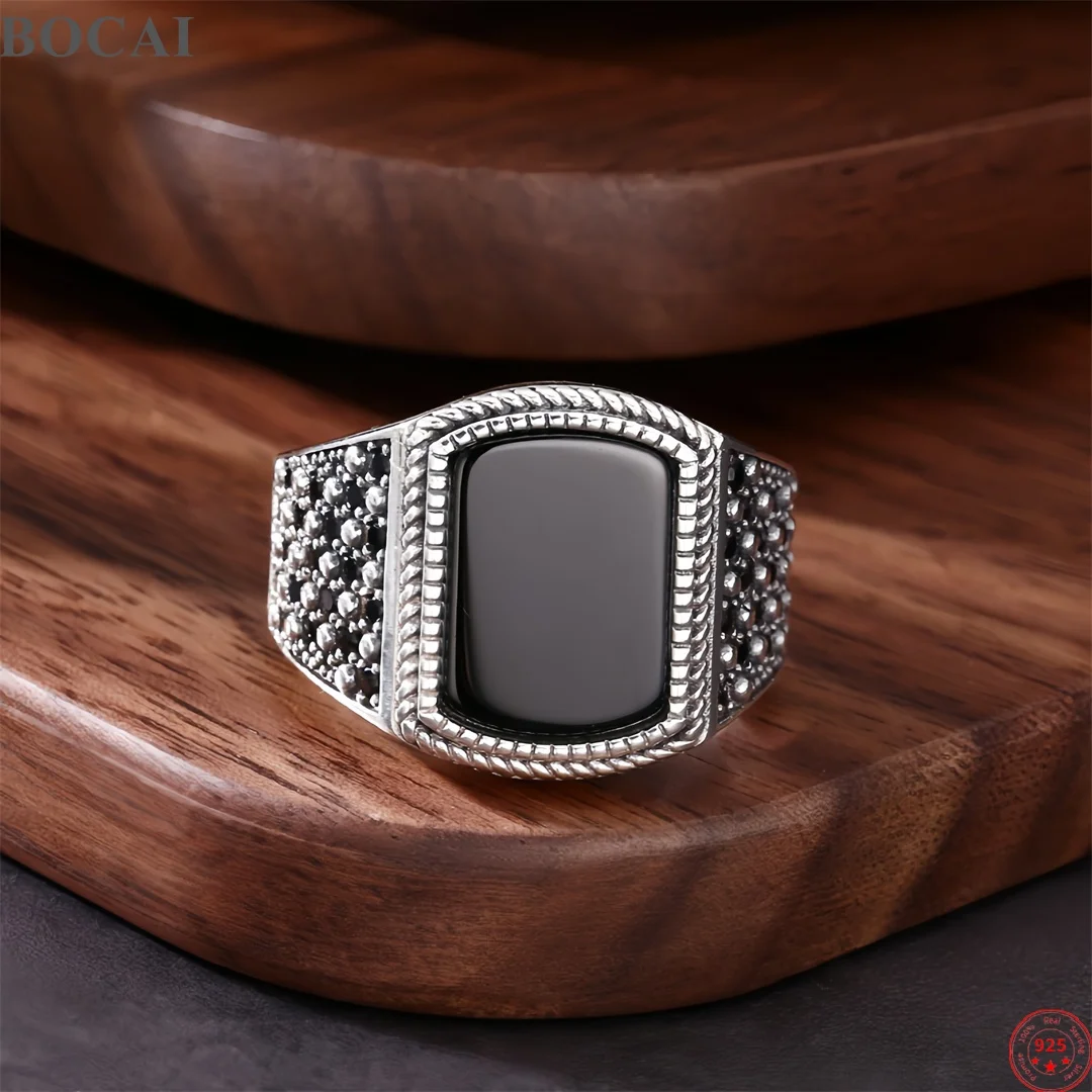 BOCAI NEW S925 Sterling Silver Charms Rings for Men Antique Adjustable Ring Black Agate Micro Inlaid Zircon Fine Choice Jewelry