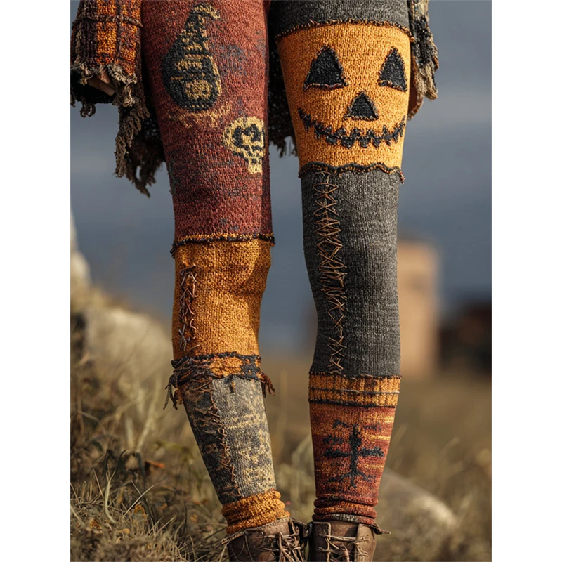 2026 New Women Halloween Knit Leggings Pumpkin Bat Rose Print High Waist Stretch Skinny Pants Vintage Party Cosplay Trousers