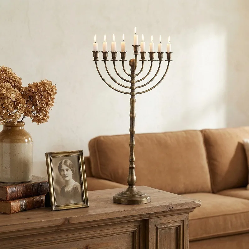 Bronze Metal 9-Arm Candelabra, Tall Floor Candle Holder, Candle Cup for Jewish Holiday Religious Decor