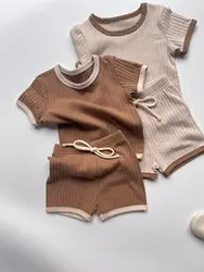 Summer New Baby Short Sleeve Casual Set Infant Boy Girl Solid Ribbed Tees + Shorts 2pcs Suit Cotton Breathable Toddler Outfits