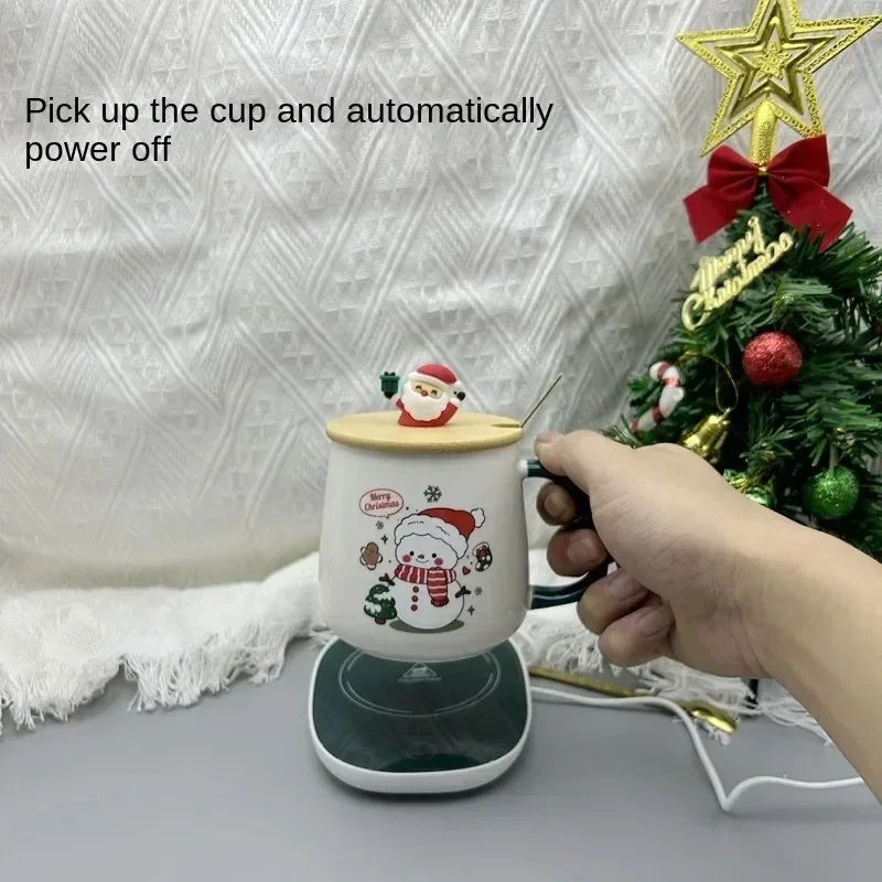 55℃ Constant Temperature Santa Claus Ceramic Mug Set with Lid Spoon Christmas New Year Gift Coffee Cup for Home Office Daily Use