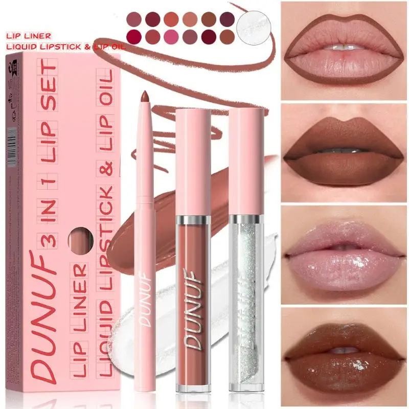 1Set 3-in-1 Matte Makeup Lip Set Waterproof Long-Lasting Universal Shades Perfect Gift - Lip Gloss Glitter Lipliner Pen Cosmetic
