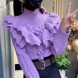 Korean Fried Dough Twists pattern patchwork ruffle long sleeve sweater for women in spring French  high neck heavy  sweater top