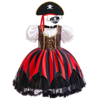 Novo vestido de pirata para meninas, dia das bruxas, cosplay, carnaval, festa, pirata, dramatização, terno com lenço, roupas para performance de palco infantil
