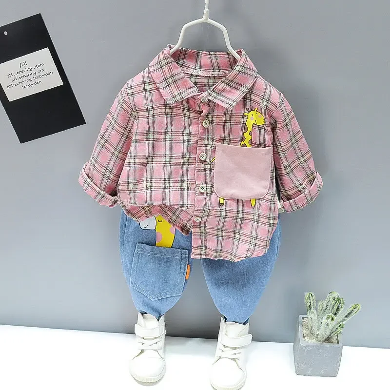 Autumn Spring Kids Boy Fashion Cartoon Clothing Set Kid Suits Set Plaid Shirt Pants 2pcs/set Children Clothes Set 1 2 3 4 5 Year